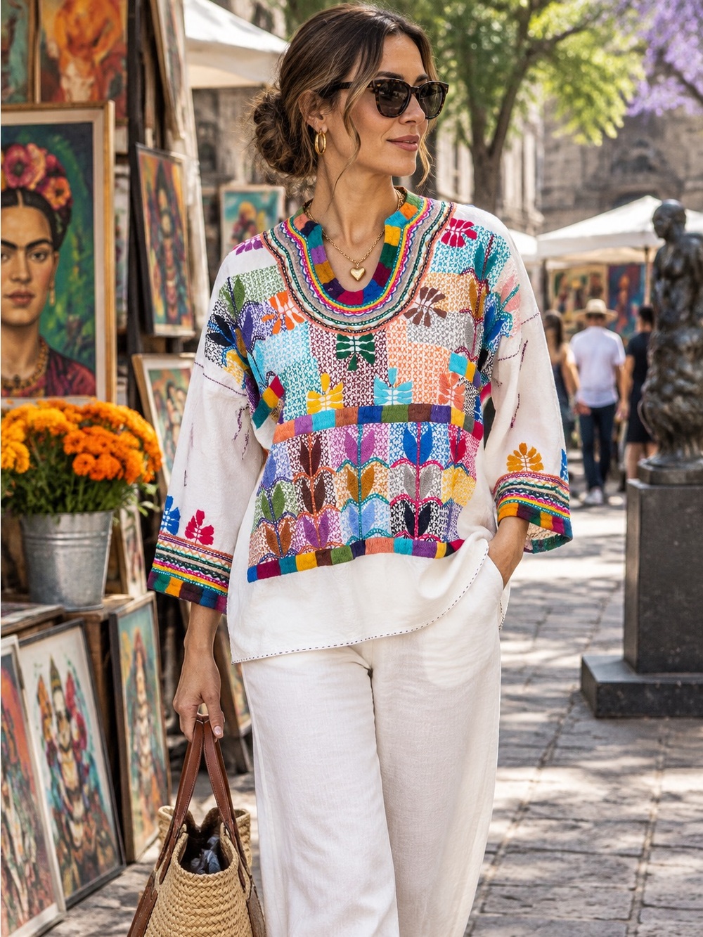 HAND-EMBROIDERED Mexican Huipil-Inspired Bohemian Ivory Blouse, M/L